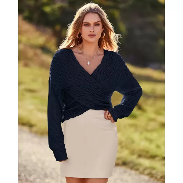BTFBM Women Casual V Neck Long Sleeve Sweaters Cross Wrap Front Off Shoulder Asymmetric Hem Knitted Crop Solid PulloverTwist Navy
