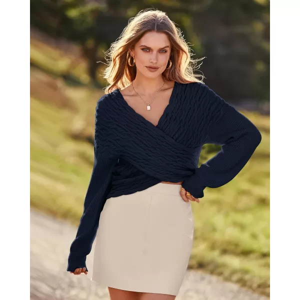 BTFBM Women Casual V Neck Long Sleeve Sweaters Cross Wrap Front Off Shoulder Asymmetric Hem Knitted Crop Solid PulloverTwist Navy