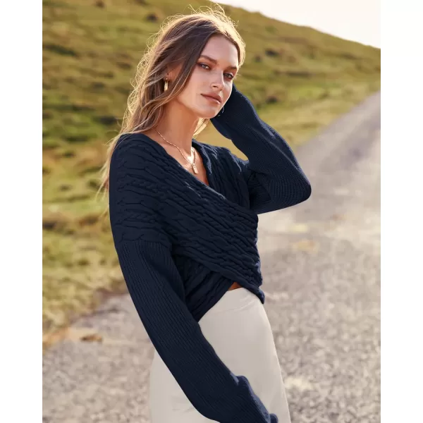 BTFBM Women Casual V Neck Long Sleeve Sweaters Cross Wrap Front Off Shoulder Asymmetric Hem Knitted Crop Solid PulloverTwist Navy
