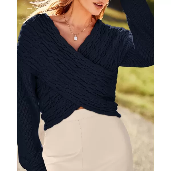 BTFBM Women Casual V Neck Long Sleeve Sweaters Cross Wrap Front Off Shoulder Asymmetric Hem Knitted Crop Solid PulloverTwist Navy