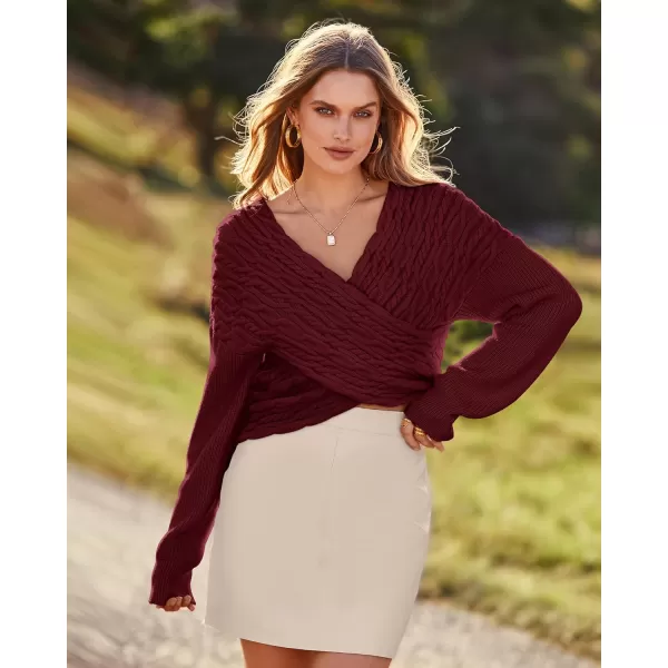 BTFBM Women Casual V Neck Long Sleeve Sweaters Cross Wrap Front Off Shoulder Asymmetric Hem Knitted Crop Solid PulloverTwist Wine Red
