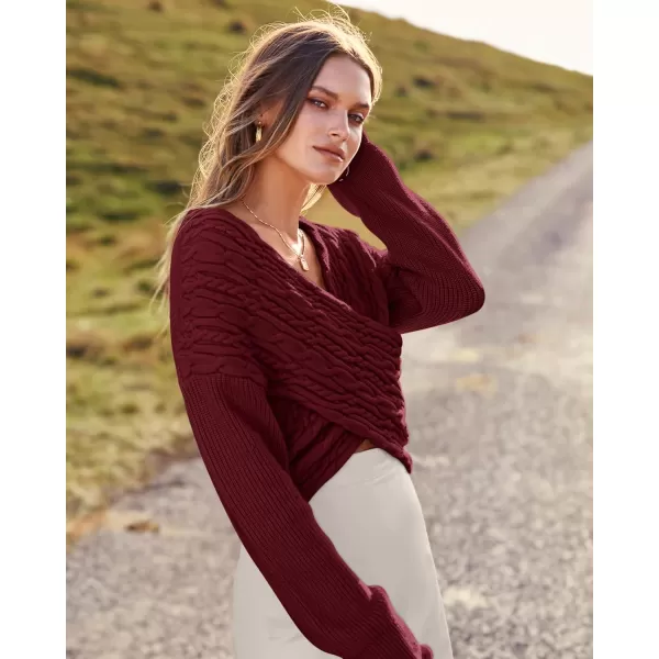 BTFBM Women Casual V Neck Long Sleeve Sweaters Cross Wrap Front Off Shoulder Asymmetric Hem Knitted Crop Solid PulloverTwist Wine Red