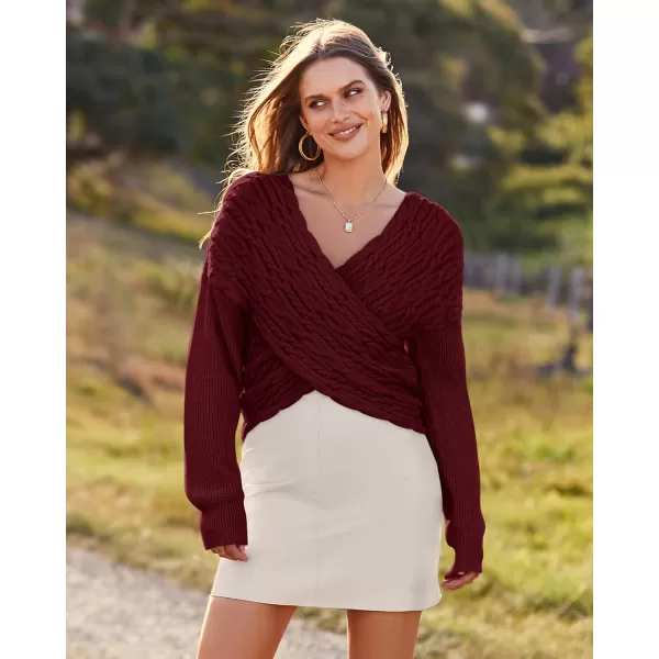 BTFBM Women Casual V Neck Long Sleeve Sweaters Cross Wrap Front Off Shoulder Asymmetric Hem Knitted Crop Solid PulloverTwist Wine Red