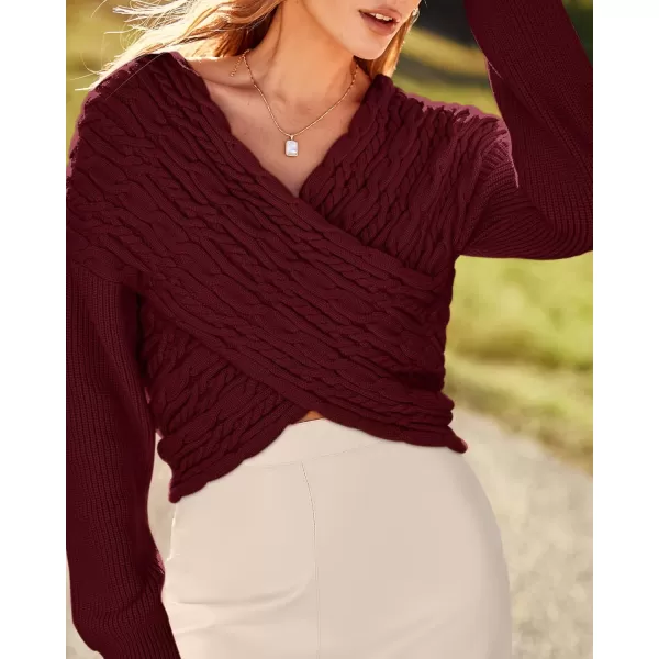 BTFBM Women Casual V Neck Long Sleeve Sweaters Cross Wrap Front Off Shoulder Asymmetric Hem Knitted Crop Solid PulloverTwist Wine Red