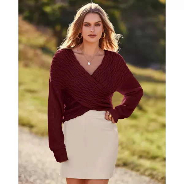 BTFBM Women Casual V Neck Long Sleeve Sweaters Cross Wrap Front Off Shoulder Asymmetric Hem Knitted Crop Solid PulloverTwist Wine Red