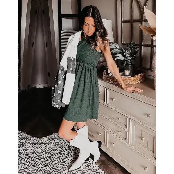 BTFBM Women Sleeveless Summer Dress 2024 Crewneck Ribbed Knit Ruffle Swing Button Down Beach Sun Mini Tank Short DressesArmy Green