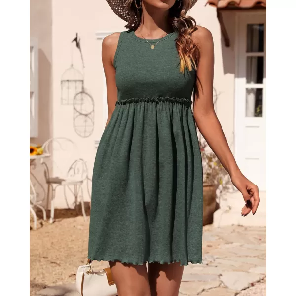BTFBM Women Sleeveless Summer Dress 2024 Crewneck Ribbed Knit Ruffle Swing Button Down Beach Sun Mini Tank Short DressesArmy Green