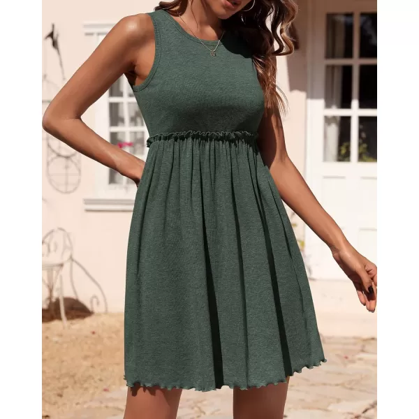BTFBM Women Sleeveless Summer Dress 2024 Crewneck Ribbed Knit Ruffle Swing Button Down Beach Sun Mini Tank Short DressesArmy Green