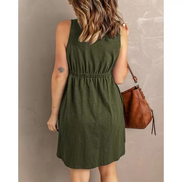 BTFBM Women Sleeveless Summer Dress 2024 Crewneck Ribbed Knit Ruffle Swing Button Down Beach Sun Mini Tank Short DressesButtons Army Green