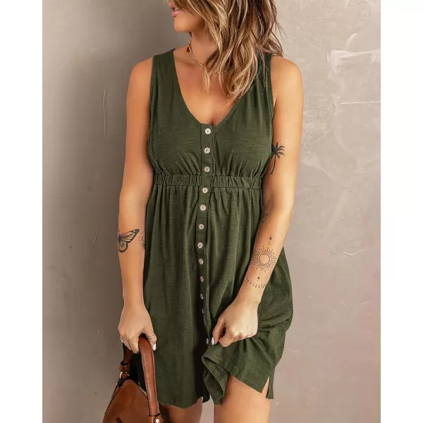 BTFBM Women Sleeveless Summer Dress 2024 Crewneck Ribbed Knit Ruffle Swing Button Down Beach Sun Mini Tank Short DressesButtons Army Green