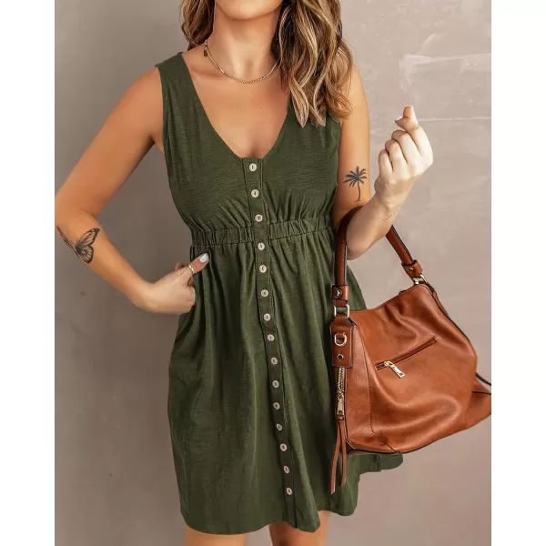 BTFBM Women Sleeveless Summer Dress 2024 Crewneck Ribbed Knit Ruffle Swing Button Down Beach Sun Mini Tank Short DressesButtons Army Green