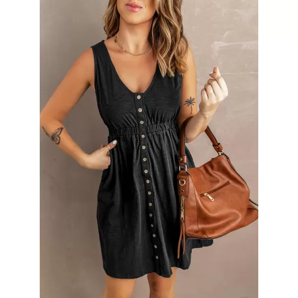 BTFBM Women Sleeveless Summer Dress 2024 Crewneck Ribbed Knit Ruffle Swing Button Down Beach Sun Mini Tank Short DressesButtons Black