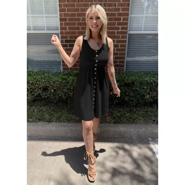 BTFBM Women Sleeveless Summer Dress 2024 Crewneck Ribbed Knit Ruffle Swing Button Down Beach Sun Mini Tank Short DressesButtons Black