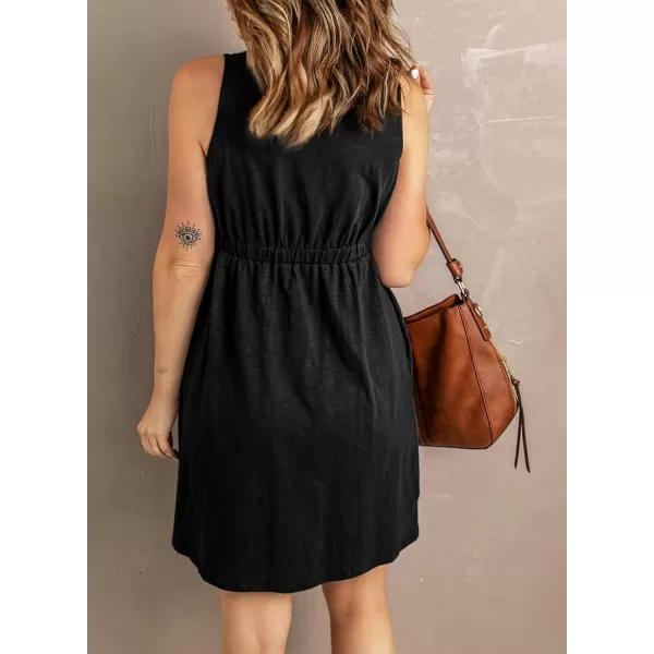 BTFBM Women Sleeveless Summer Dress 2024 Crewneck Ribbed Knit Ruffle Swing Button Down Beach Sun Mini Tank Short DressesButtons Black