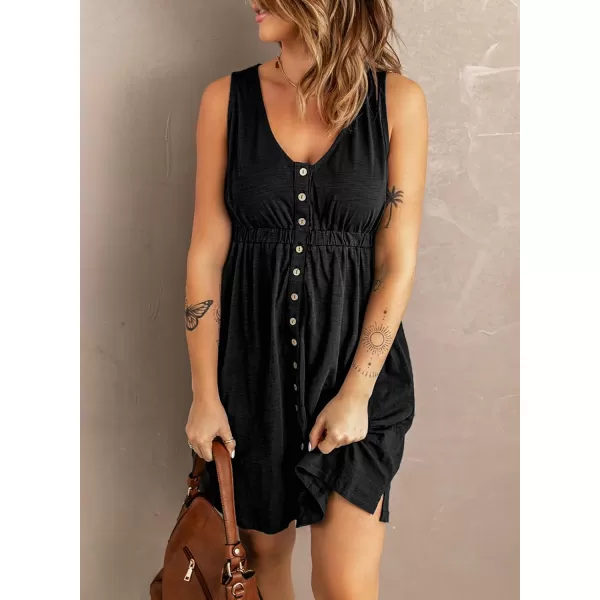 BTFBM Women Sleeveless Summer Dress 2024 Crewneck Ribbed Knit Ruffle Swing Button Down Beach Sun Mini Tank Short DressesButtons Black