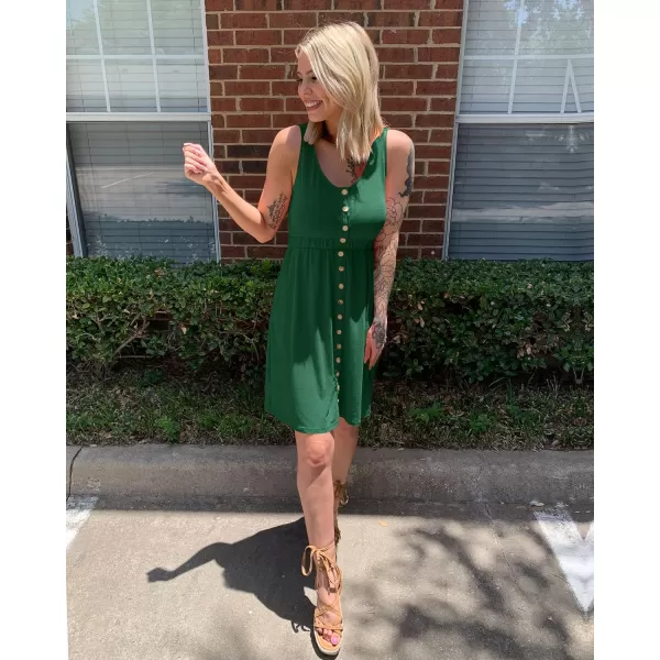 BTFBM Women Sleeveless Summer Dress 2024 Crewneck Ribbed Knit Ruffle Swing Button Down Beach Sun Mini Tank Short DressesButtons Dark Green