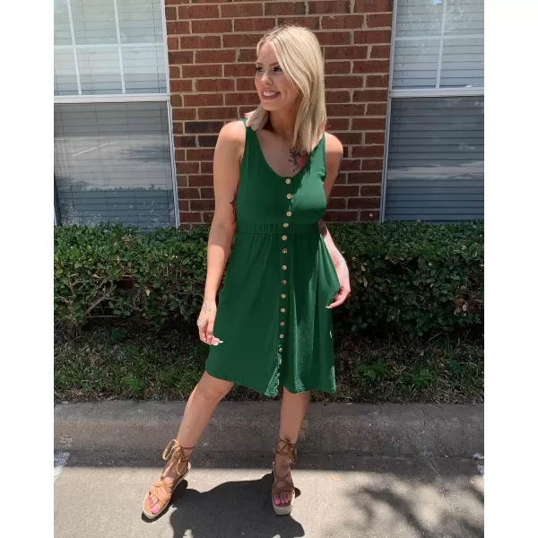 BTFBM Women Sleeveless Summer Dress 2024 Crewneck Ribbed Knit Ruffle Swing Button Down Beach Sun Mini Tank Short DressesButtons Dark Green