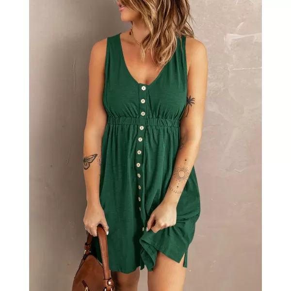 BTFBM Women Sleeveless Summer Dress 2024 Crewneck Ribbed Knit Ruffle Swing Button Down Beach Sun Mini Tank Short DressesButtons Dark Green