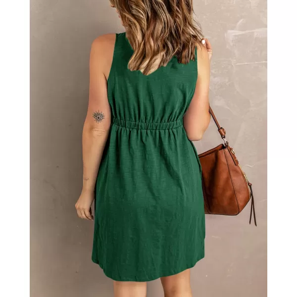 BTFBM Women Sleeveless Summer Dress 2024 Crewneck Ribbed Knit Ruffle Swing Button Down Beach Sun Mini Tank Short DressesButtons Dark Green