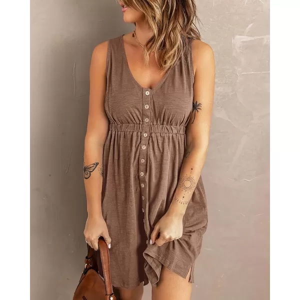 BTFBM Women Sleeveless Summer Dress 2024 Crewneck Ribbed Knit Ruffle Swing Button Down Beach Sun Mini Tank Short DressesButtons Dark Khaki