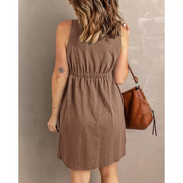 BTFBM Women Sleeveless Summer Dress 2024 Crewneck Ribbed Knit Ruffle Swing Button Down Beach Sun Mini Tank Short DressesButtons Dark Khaki