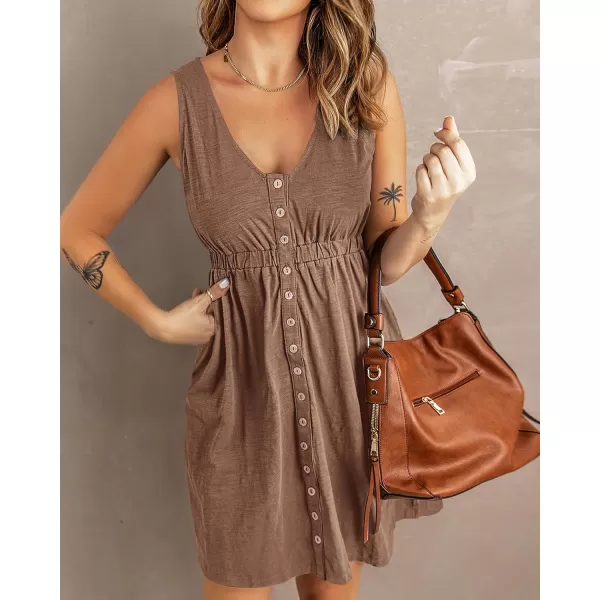 BTFBM Women Sleeveless Summer Dress 2024 Crewneck Ribbed Knit Ruffle Swing Button Down Beach Sun Mini Tank Short DressesButtons Dark Khaki