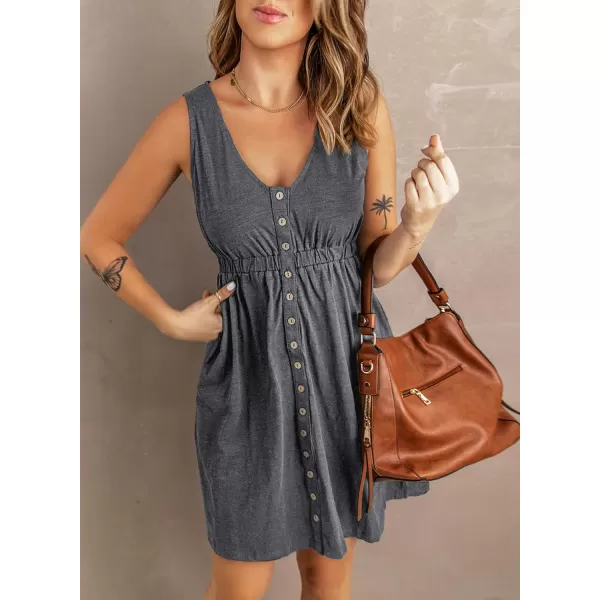 BTFBM Women Sleeveless Summer Dress 2024 Crewneck Ribbed Knit Ruffle Swing Button Down Beach Sun Mini Tank Short DressesButtons Grey