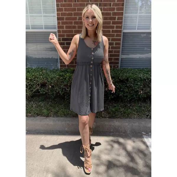 BTFBM Women Sleeveless Summer Dress 2024 Crewneck Ribbed Knit Ruffle Swing Button Down Beach Sun Mini Tank Short DressesButtons Grey