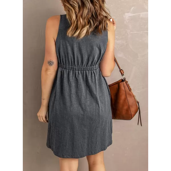 BTFBM Women Sleeveless Summer Dress 2024 Crewneck Ribbed Knit Ruffle Swing Button Down Beach Sun Mini Tank Short DressesButtons Grey