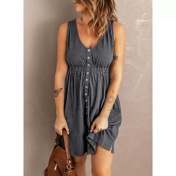 BTFBM Women Sleeveless Summer Dress 2024 Crewneck Ribbed Knit Ruffle Swing Button Down Beach Sun Mini Tank Short DressesButtons Grey