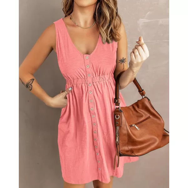 BTFBM Women Sleeveless Summer Dress 2024 Crewneck Ribbed Knit Ruffle Swing Button Down Beach Sun Mini Tank Short DressesButtons Light Pink