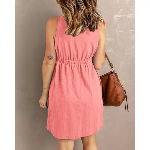 BTFBM Women Sleeveless Summer Dress 2024 Crewneck Ribbed Knit Ruffle Swing Button Down Beach Sun Mini Tank Short DressesButtons Light Pink