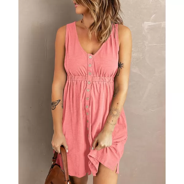 BTFBM Women Sleeveless Summer Dress 2024 Crewneck Ribbed Knit Ruffle Swing Button Down Beach Sun Mini Tank Short DressesButtons Light Pink