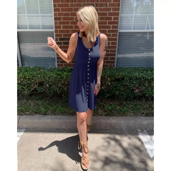 BTFBM Women Sleeveless Summer Dress 2024 Crewneck Ribbed Knit Ruffle Swing Button Down Beach Sun Mini Tank Short DressesButtons Navy