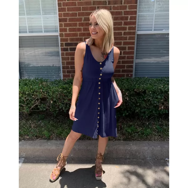 BTFBM Women Sleeveless Summer Dress 2024 Crewneck Ribbed Knit Ruffle Swing Button Down Beach Sun Mini Tank Short DressesButtons Navy