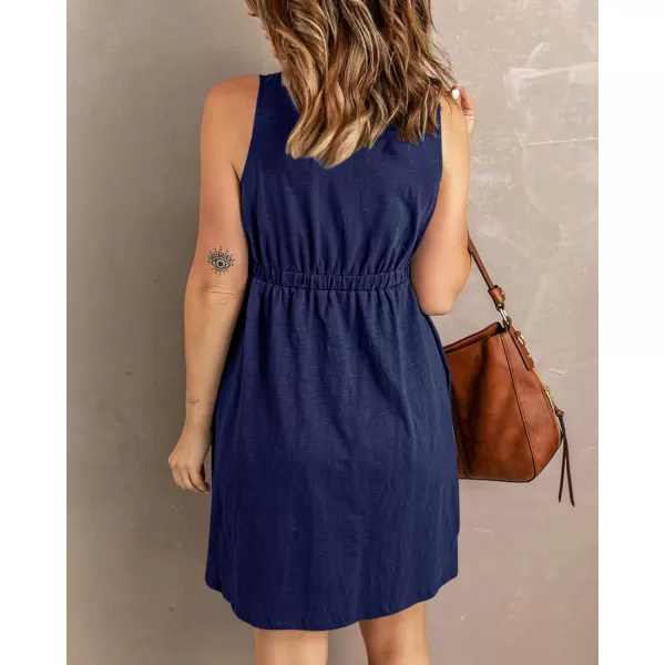 BTFBM Women Sleeveless Summer Dress 2024 Crewneck Ribbed Knit Ruffle Swing Button Down Beach Sun Mini Tank Short DressesButtons Navy