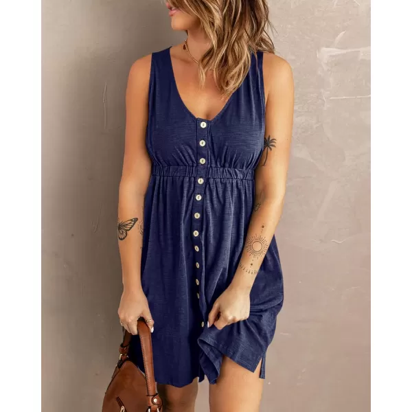 BTFBM Women Sleeveless Summer Dress 2024 Crewneck Ribbed Knit Ruffle Swing Button Down Beach Sun Mini Tank Short DressesButtons Navy
