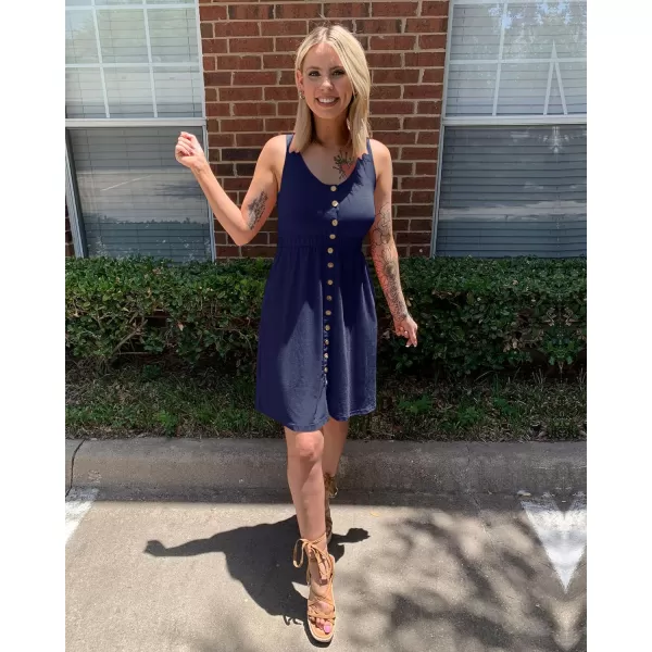 BTFBM Women Sleeveless Summer Dress 2024 Crewneck Ribbed Knit Ruffle Swing Button Down Beach Sun Mini Tank Short DressesButtons Navy