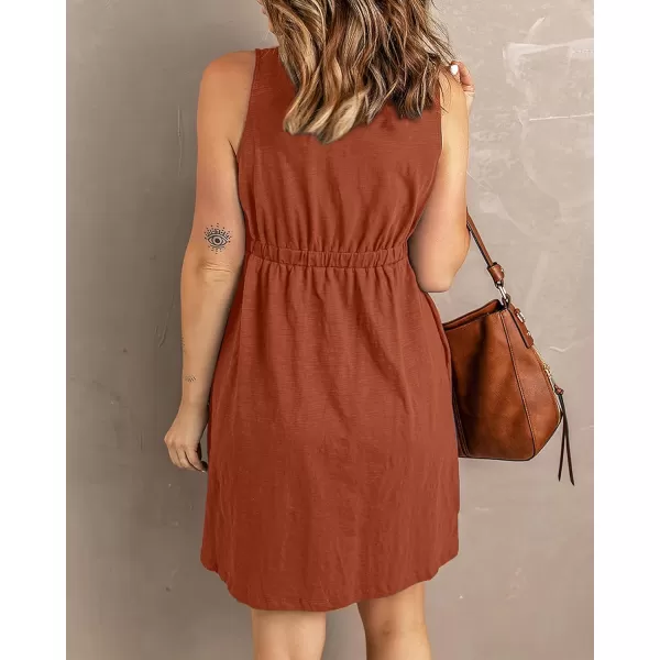 BTFBM Women Sleeveless Summer Dress 2024 Crewneck Ribbed Knit Ruffle Swing Button Down Beach Sun Mini Tank Short DressesButtons Orange Red