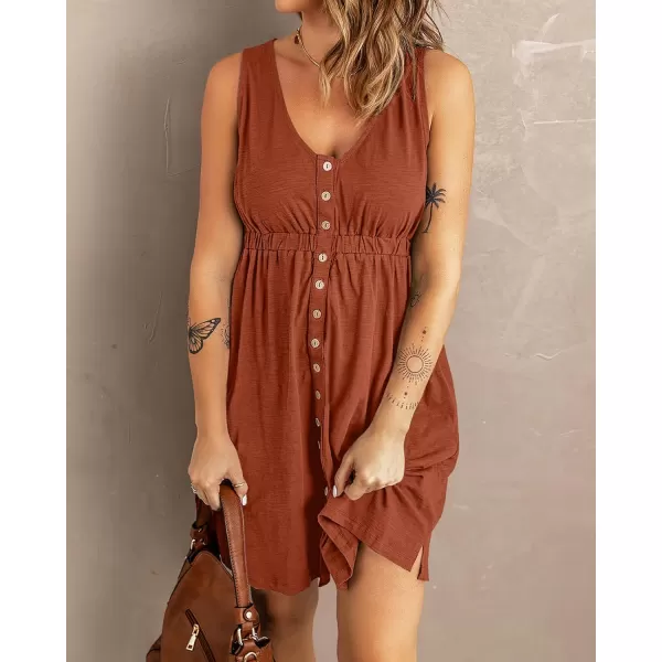 BTFBM Women Sleeveless Summer Dress 2024 Crewneck Ribbed Knit Ruffle Swing Button Down Beach Sun Mini Tank Short DressesButtons Orange Red