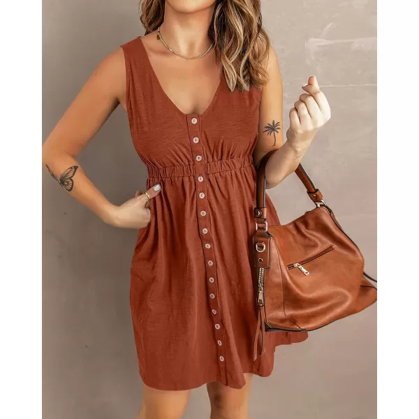 BTFBM Women Sleeveless Summer Dress 2024 Crewneck Ribbed Knit Ruffle Swing Button Down Beach Sun Mini Tank Short DressesButtons Orange Red