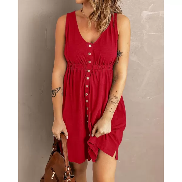 BTFBM Women Sleeveless Summer Dress 2024 Crewneck Ribbed Knit Ruffle Swing Button Down Beach Sun Mini Tank Short DressesButtons Red