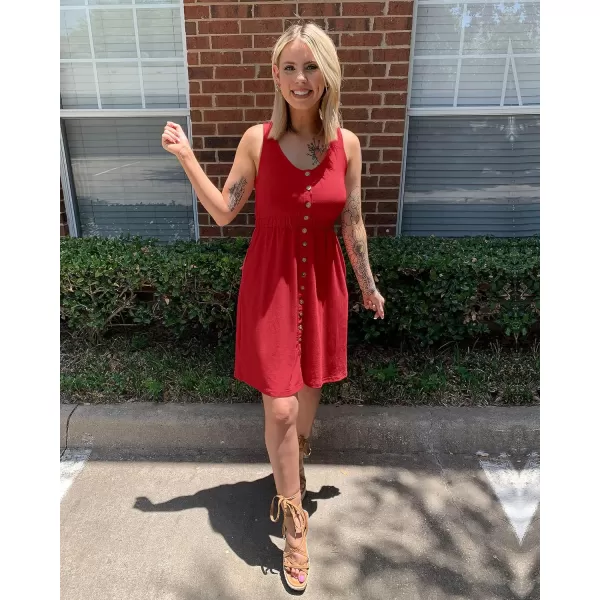 BTFBM Women Sleeveless Summer Dress 2024 Crewneck Ribbed Knit Ruffle Swing Button Down Beach Sun Mini Tank Short DressesButtons Red