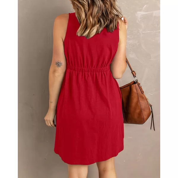 BTFBM Women Sleeveless Summer Dress 2024 Crewneck Ribbed Knit Ruffle Swing Button Down Beach Sun Mini Tank Short DressesButtons Red