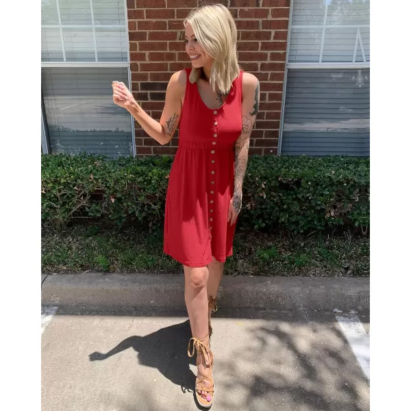 BTFBM Women Sleeveless Summer Dress 2024 Crewneck Ribbed Knit Ruffle Swing Button Down Beach Sun Mini Tank Short DressesButtons Red