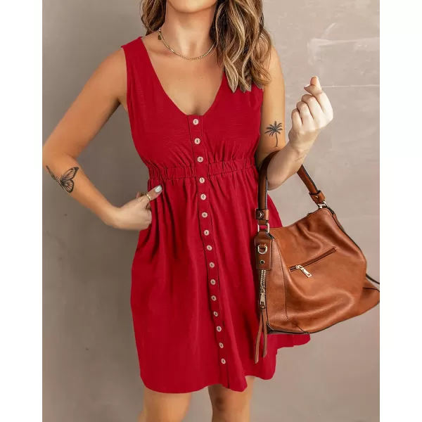 BTFBM Women Sleeveless Summer Dress 2024 Crewneck Ribbed Knit Ruffle Swing Button Down Beach Sun Mini Tank Short DressesButtons Red