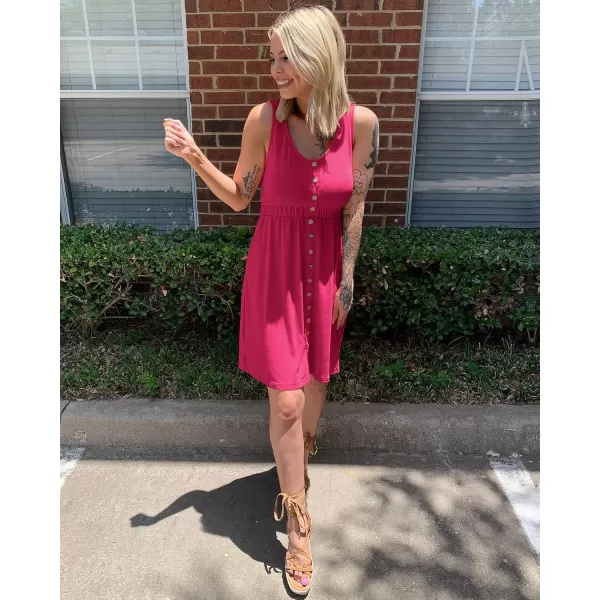 BTFBM Women Sleeveless Summer Dress 2024 Crewneck Ribbed Knit Ruffle Swing Button Down Beach Sun Mini Tank Short DressesButtons Rose Red
