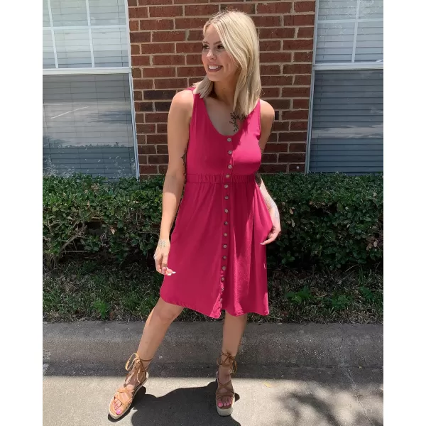 BTFBM Women Sleeveless Summer Dress 2024 Crewneck Ribbed Knit Ruffle Swing Button Down Beach Sun Mini Tank Short DressesButtons Rose Red