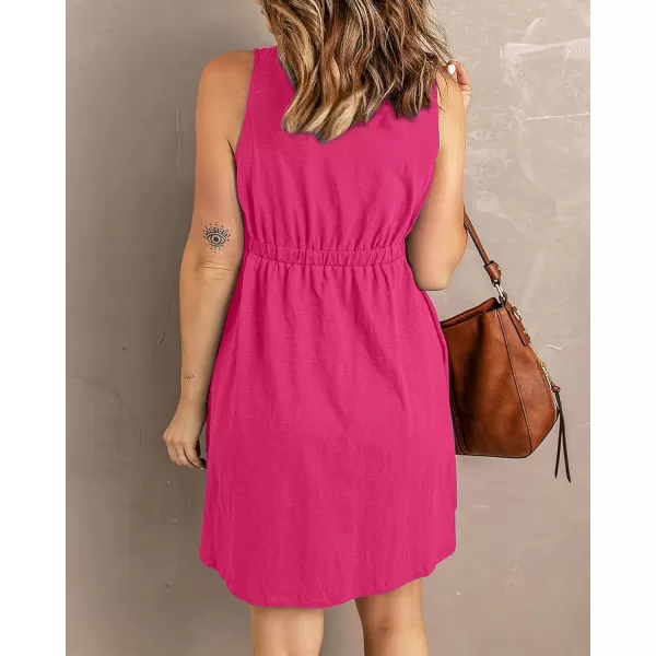 BTFBM Women Sleeveless Summer Dress 2024 Crewneck Ribbed Knit Ruffle Swing Button Down Beach Sun Mini Tank Short DressesButtons Rose Red