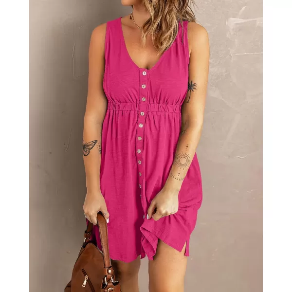 BTFBM Women Sleeveless Summer Dress 2024 Crewneck Ribbed Knit Ruffle Swing Button Down Beach Sun Mini Tank Short DressesButtons Rose Red